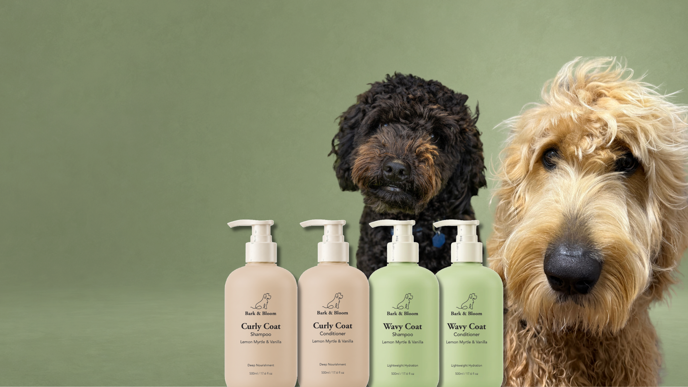 Bark & Bloom dog with shampoo bottles