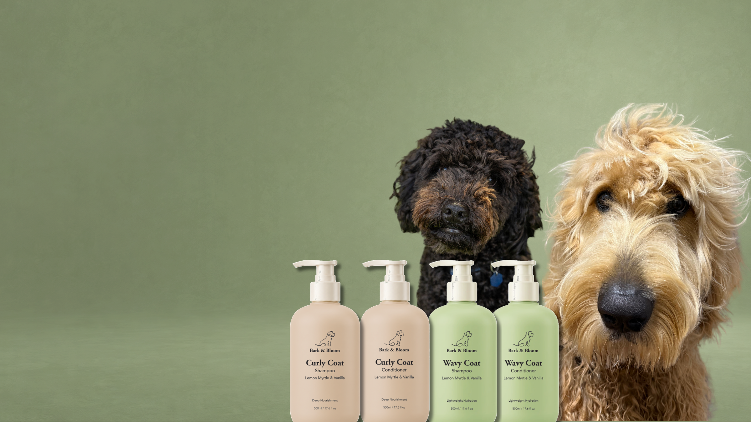 Bark & Bloom dog with shampoo bottles