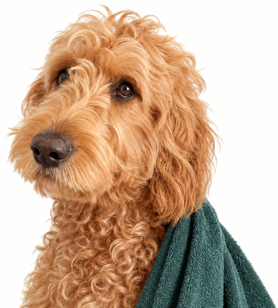 Monty, freshly groomed, wrapped in a towel