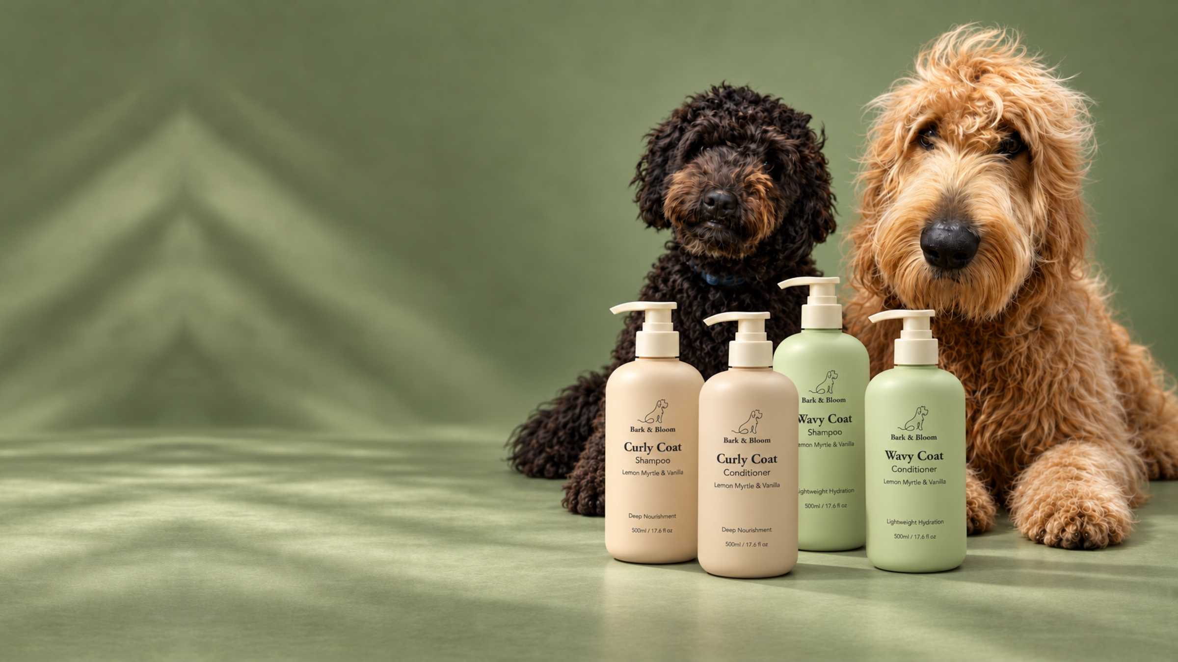 Bark & Bloom dog with shampoo bottles